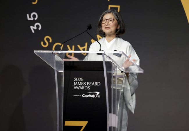 CHICAGO, ILLINOIS - JUNE 14: Yoshiko Ueno-Müller winner of the Beverage without Recipe award speaks on stage during the 2025 James Beard Media Awards on June 14, 2025 in Chicago, Illinois. (Photo by Jeff Schear/Getty Images for James Beard Foundation)