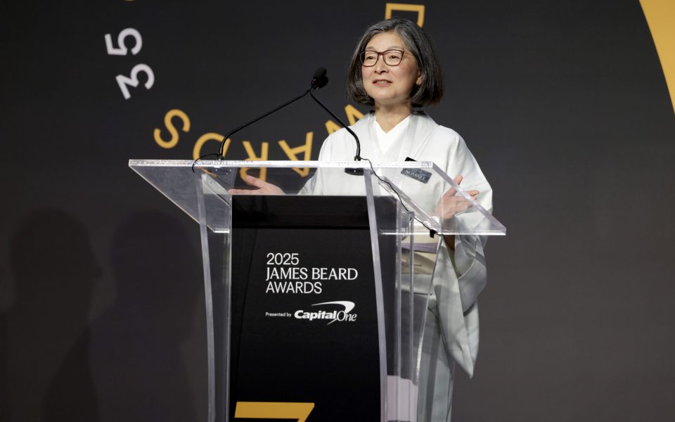 CHICAGO, ILLINOIS - JUNE 14: Yoshiko Ueno-Müller winner of the Beverage without Recipe award speaks on stage during the 2025 James Beard Media Awards on June 14, 2025 in Chicago, Illinois. (Photo by Jeff Schear/Getty Images for James Beard Foundation)